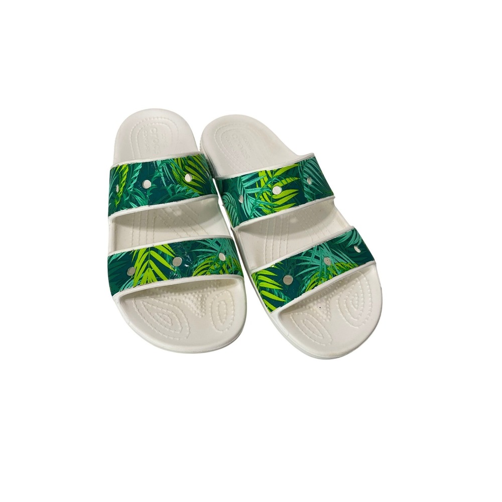Crocs Classic Sandal Women Size 5 White Green Tropical Palm Print  Slip On